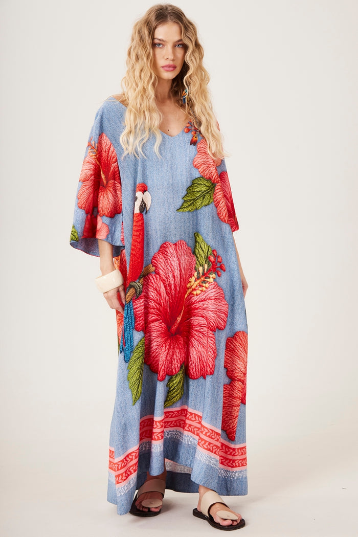 Yacamim D24 Blue Off-the-Shoulder Long Dress with Macaw Print