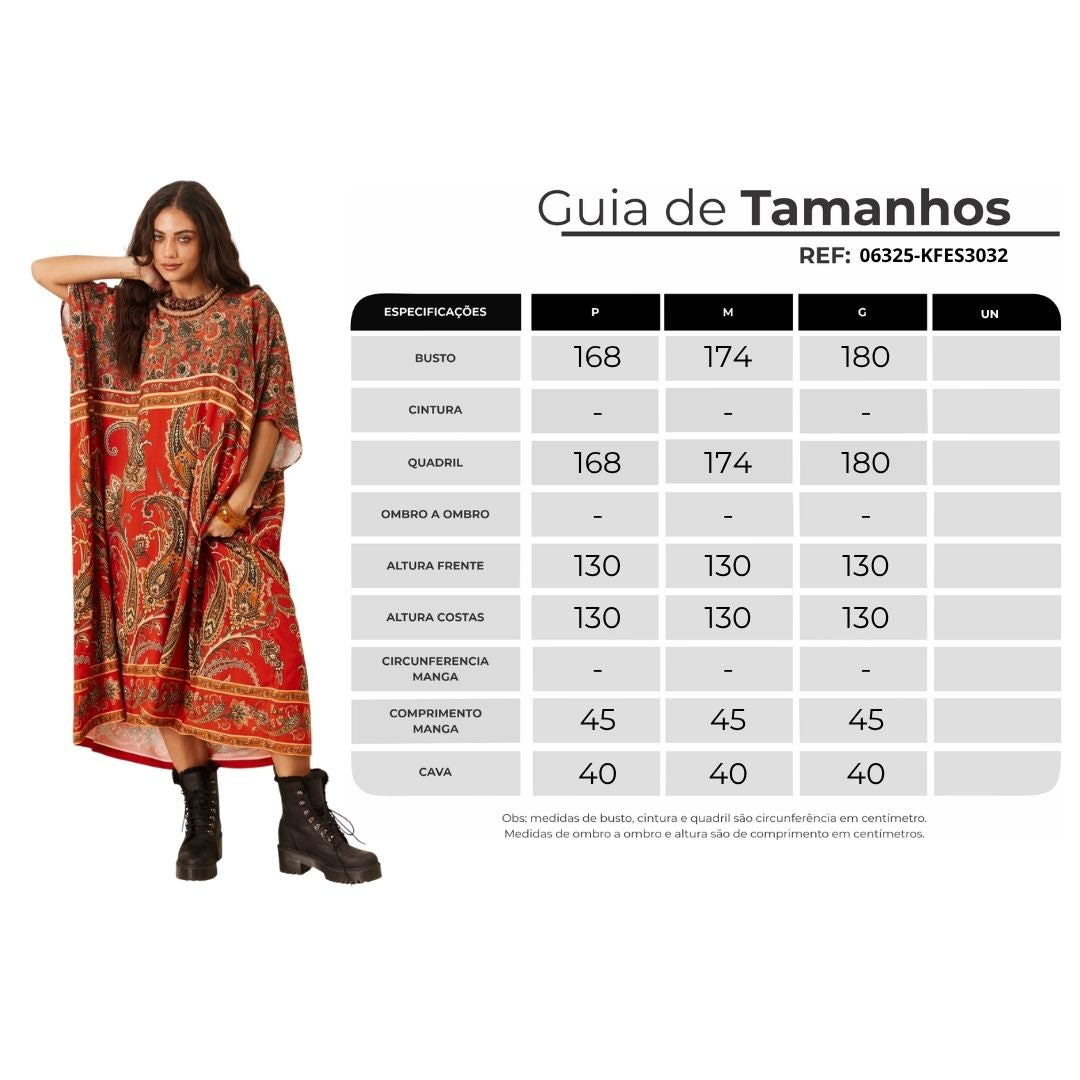 Kaftan Amplo Midi Vermelho Estampa paisley Yacamim J8