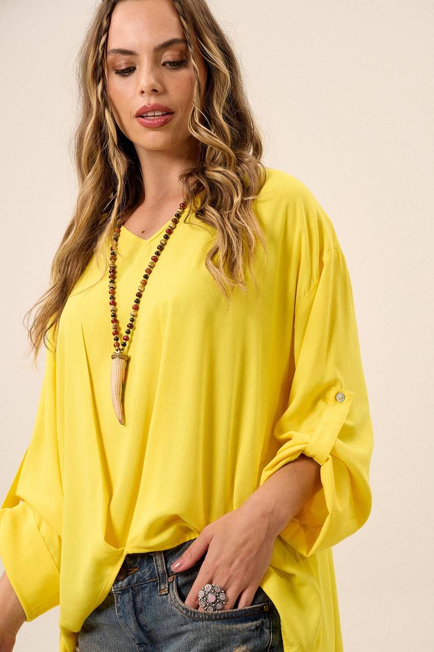 Yacamim Yellow V-Neck Basic T-shirt