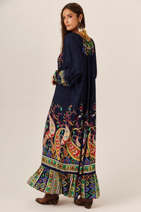 Yacamim E18 Navy Blue Paisley Print Off-The-Shoulder Maxi Dress