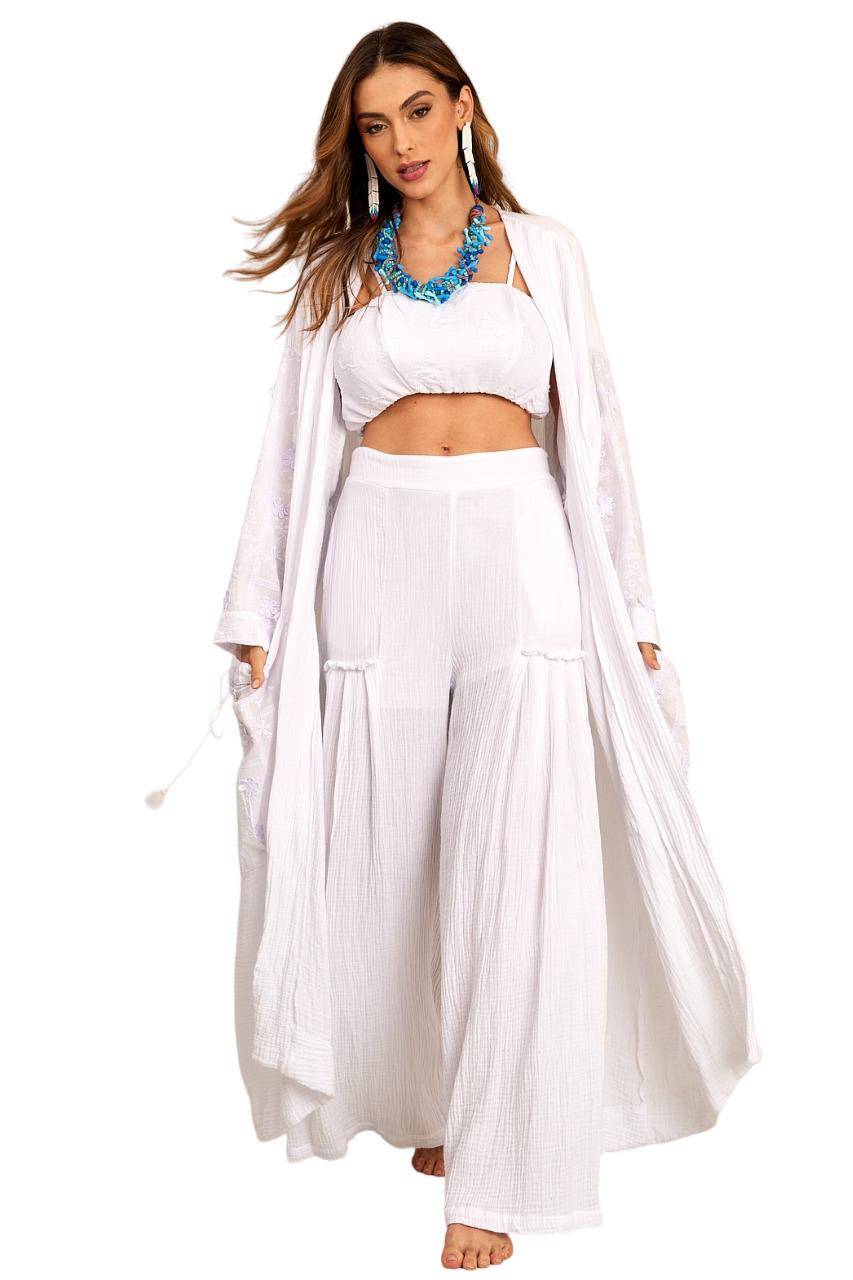 Yacamim J7 White Long Kimono with Embroidered Flowers