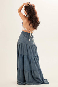 Yacamim Washed Teal Linen Long Skirt