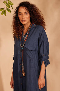 Yacamim Navy Blue Loose Long Shirt with Rolled-Up Sleeves