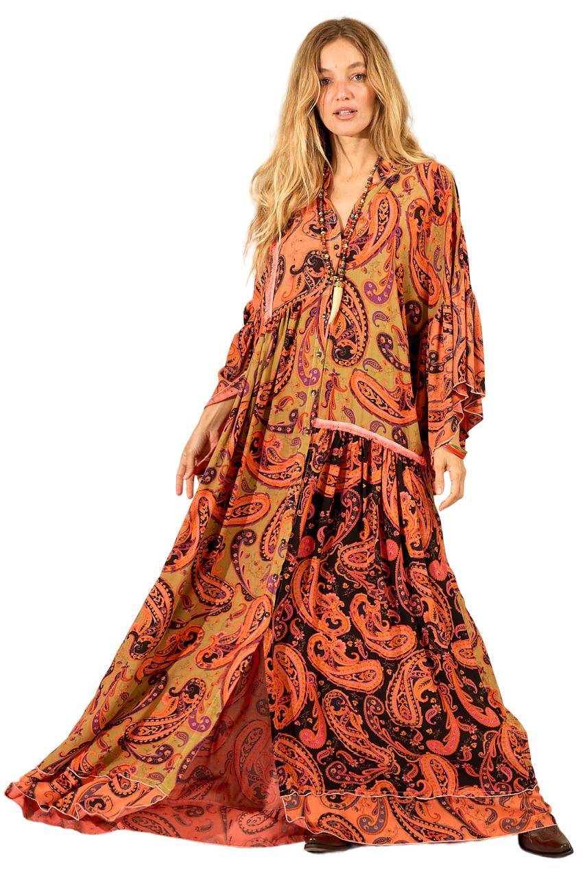 Yacamim Orange Cashmere Patchwork Print Long Shirt Dress