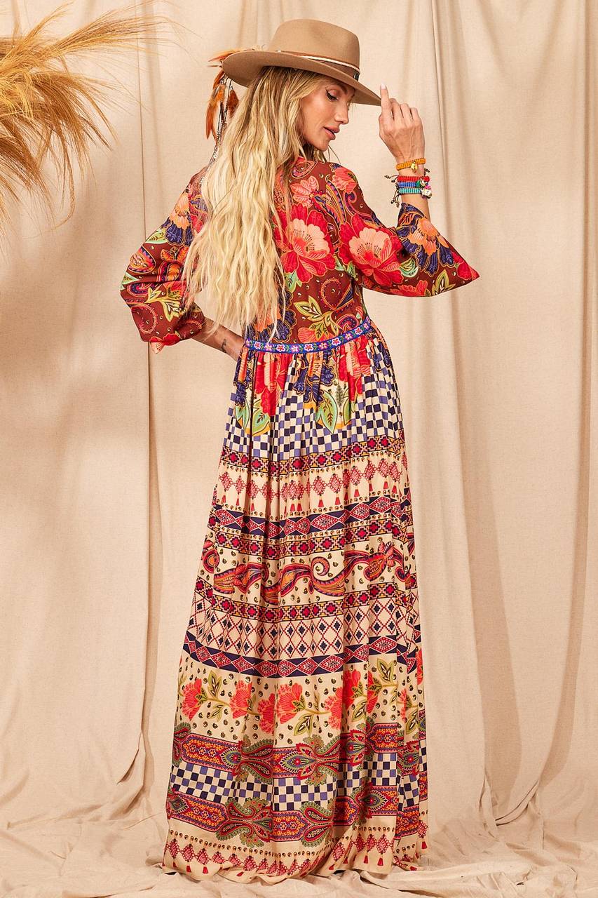 Yacamim Red Printed V-Neck Maxi Dress