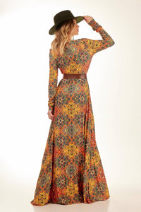 Long Dress with Tight Long Sleeves, Arabesque Print Yacamim