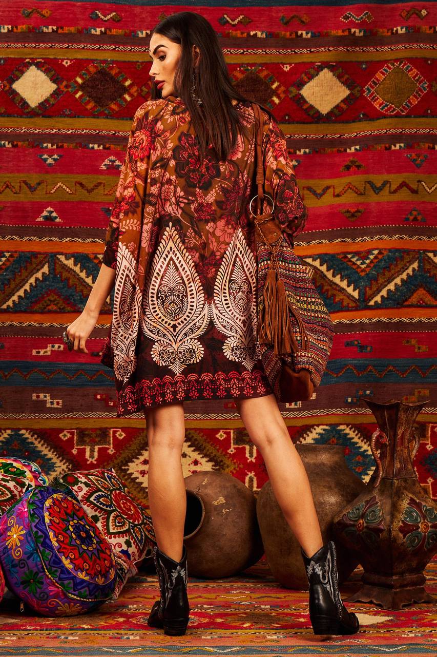 Loose Blouse with Tight Cuffs Brown Elephant Print Yacamim