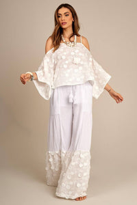 Yacamim G9 White Eyelet Ruffle Wide-Leg Pants