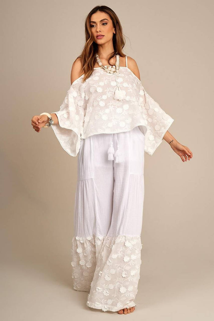 Yacamim G9 White Eyelet Ruffle Wide-Leg Pants
