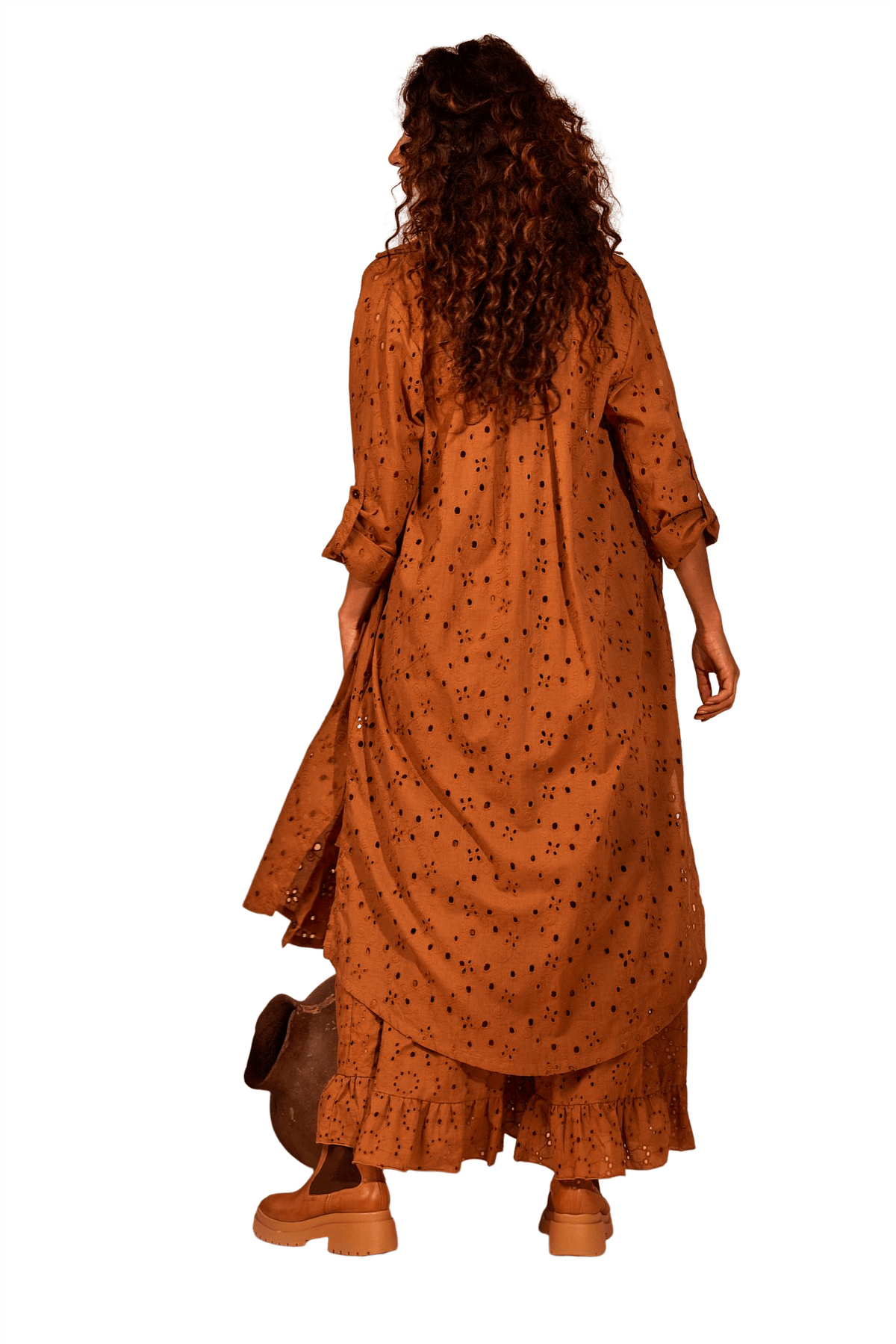 Yacamim Brown Midi Embroidery Shirt No Cuffs