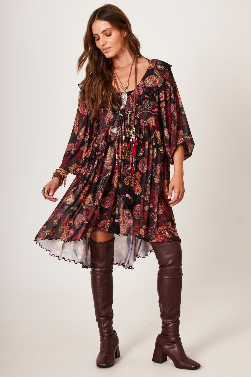 Yacamim C2 Black Tulle Short Dress with Cashmere Print