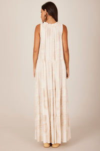Vestido Regata Longo De Linho Babados Bege Estampado Yacamim C14