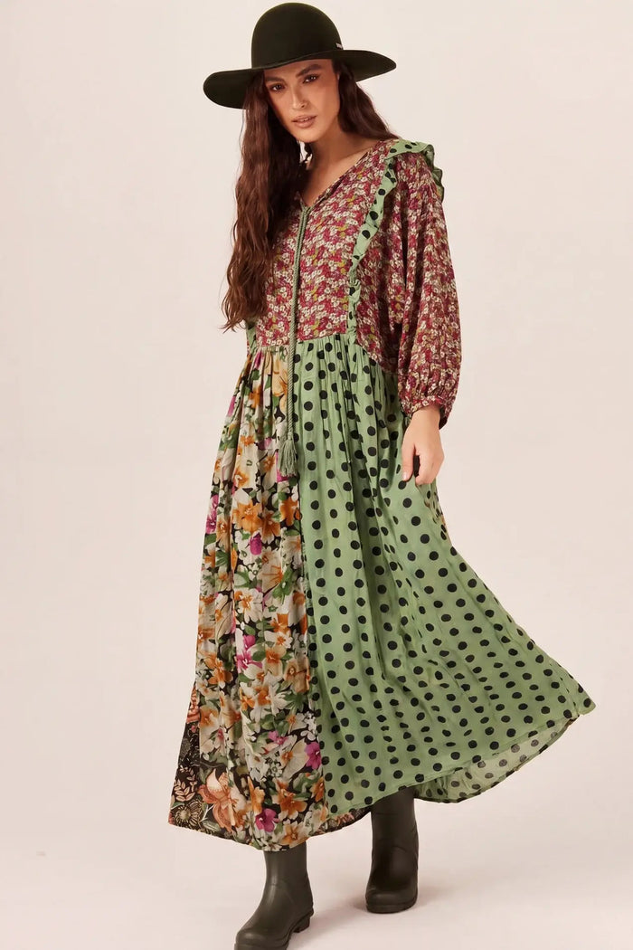 Yacamim E1 Green Patchwork Flowy Long Dress