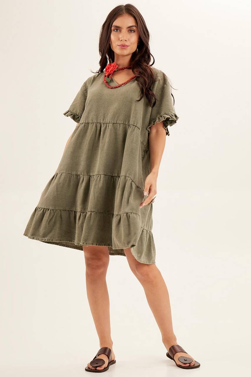 Yacamim Stone Washed Moss Green Linen Short Dress
