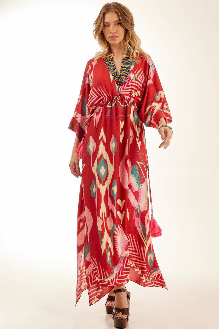 Yacamim Red Printed Long Kaftan with Waist Tunnel