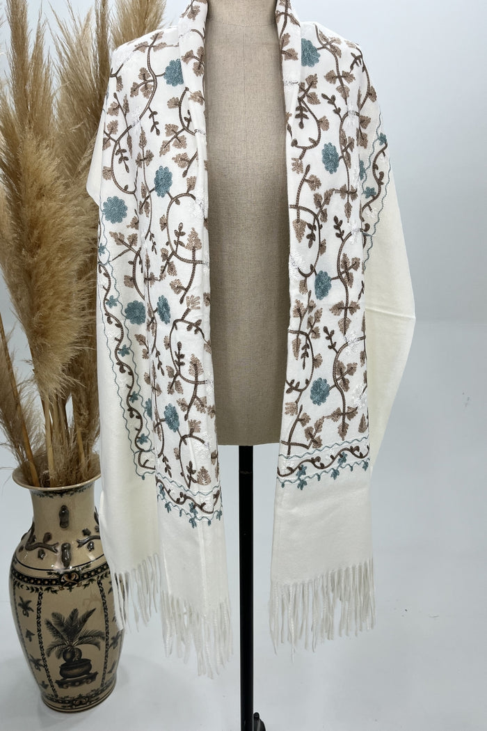 Embroidered Off White Cashmere Scarf Yacamim #229