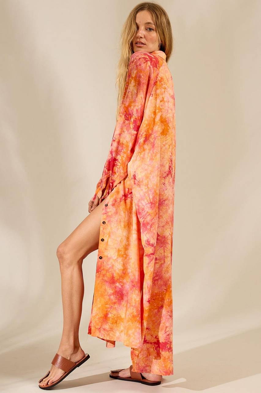 Yacamim Orange Tie-Dye Digital Print Long Loose Shirt