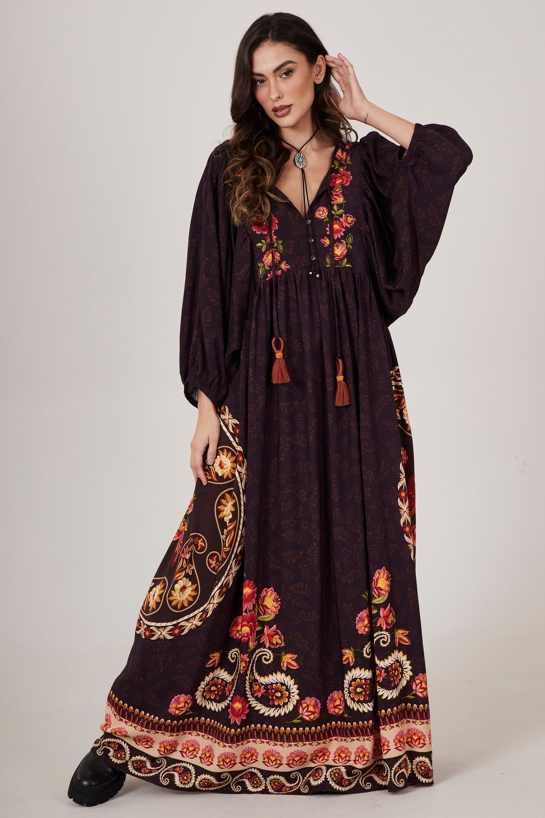 Dark Brown Long Dress with Cashmere Print Yacamim E23