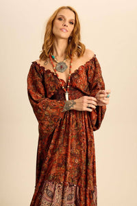 Yacamim Brown Patchwork Print Long V-Neck Off-Shoulder Dress