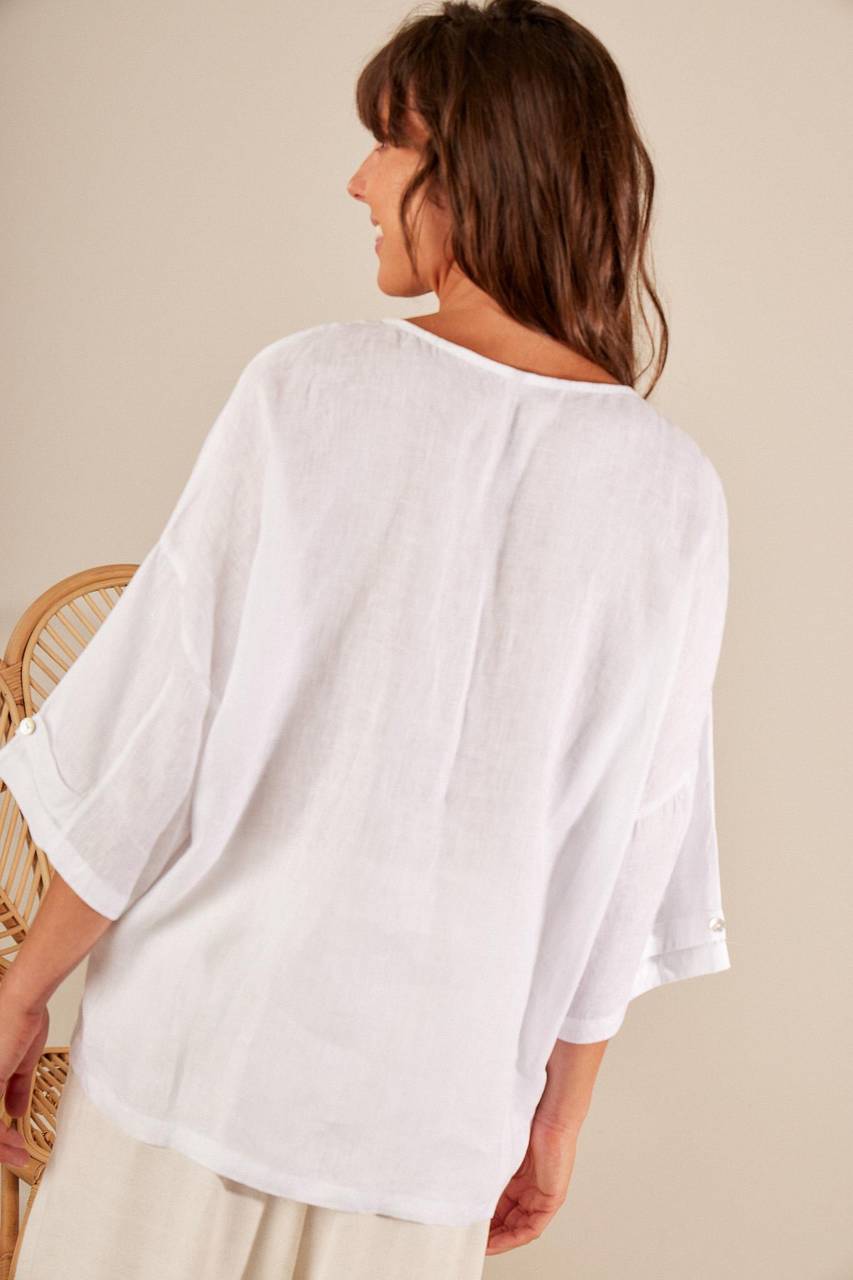 Yacamim White Chambray 100% Linen Loose Blouse
