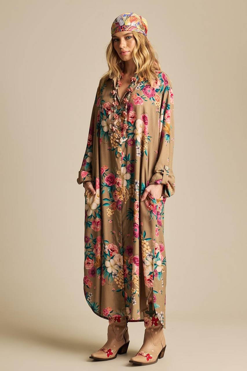 Yacamim N6 Printed Brown Long Shirtdress with Pockets