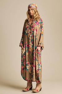 Yacamim N6 Printed Brown Long Shirtdress with Pockets