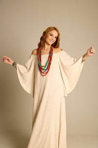 Yacamim E21 Beige Long Gypsy Dress with Batwing Sleeves