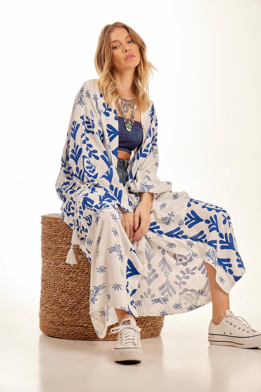 Yacamim Patchwork Printed White Long Kimono with Long Sleeves