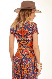 Yacamim Orange Printed Wrap Cropped Top A24