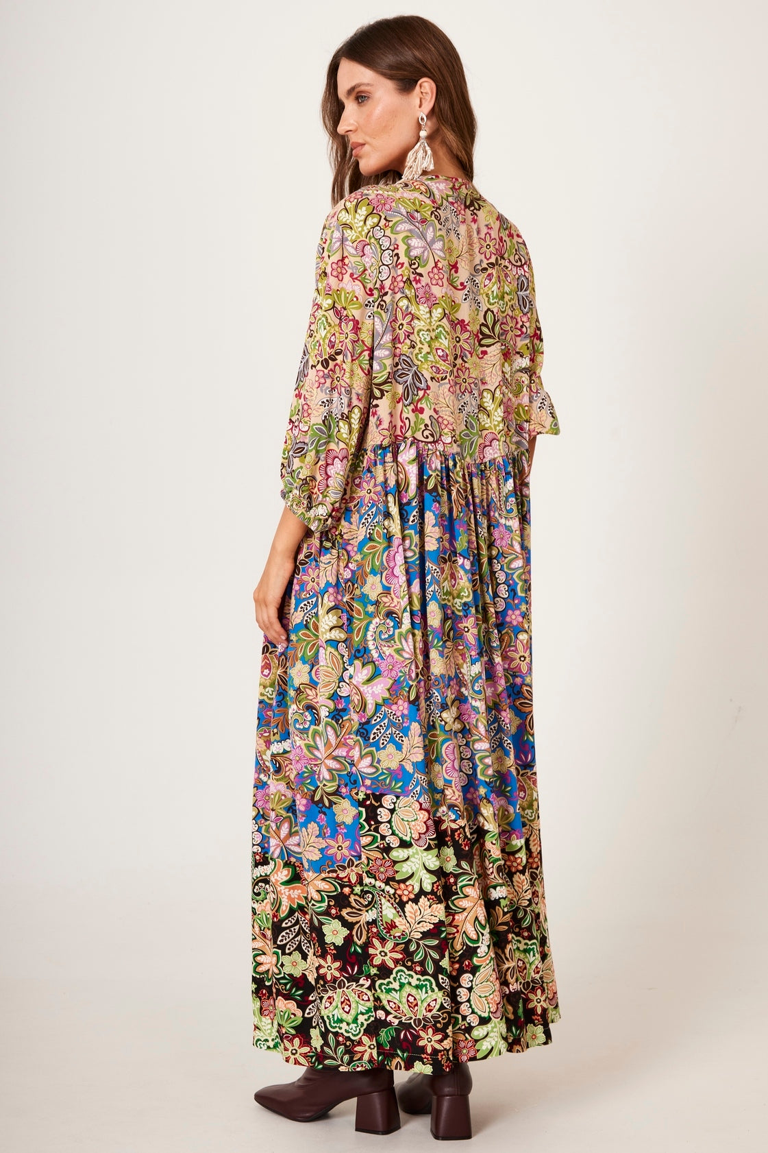 Long Dress With 3/8 Sleeves Green Patchwork Yacamim E14