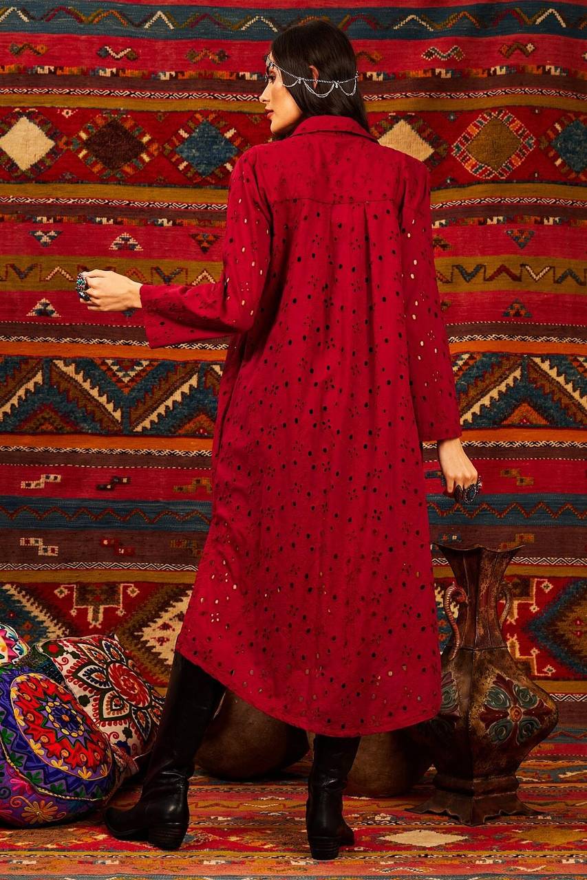 Yacamim Wine Broderie Midi Shirt with Rolled Sleeves