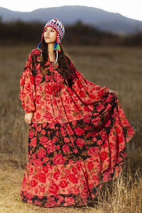 Yacamim Patchwork Pink Long Dress with Puffy Long Sleeves