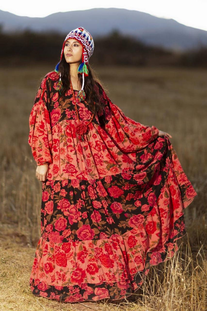 Yacamim Patchwork Pink Long Dress with Puffy Long Sleeves