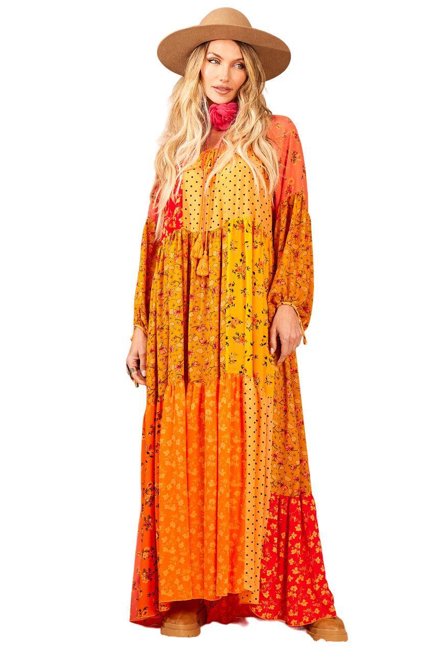 Long Dress With Puffy Long Sleeves Patchwork Yacamim D10