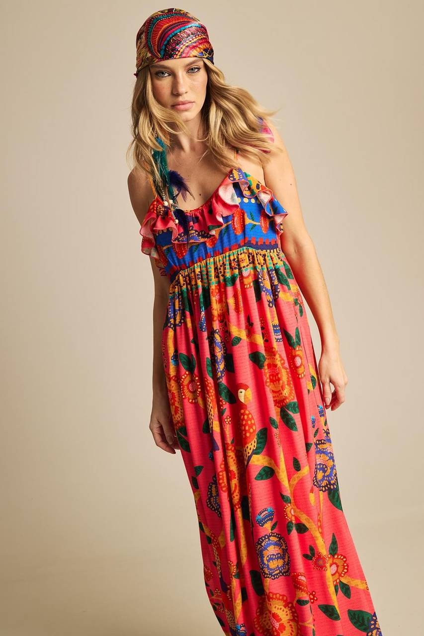 Yacamim E17 Pink Printed Long Dress with Adjustable Straps and Ruffles