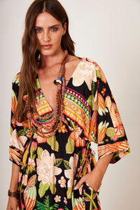 Black and Orange Midi Kaftan with Tropical Print Yacamim J4