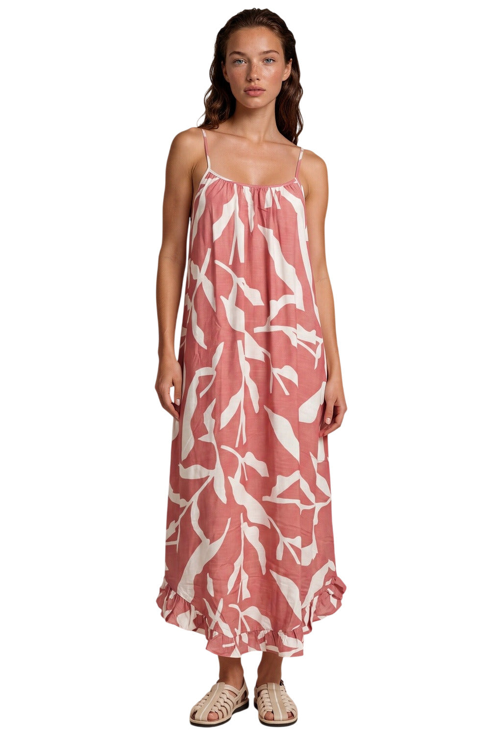 Vestido Midi Alças Reguláveis Com Babado Rosé Estampado Yacamim D29