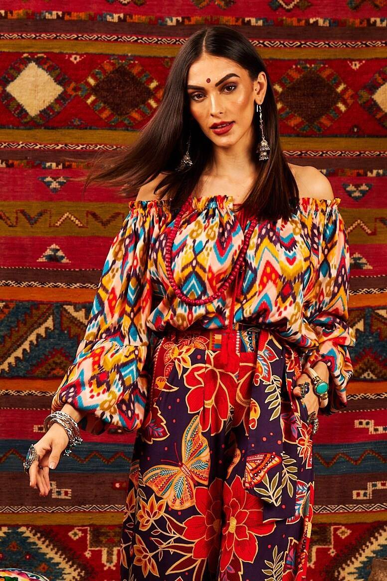 Yacamim Printed Peasant Blouse With Long Puffed Sleeves