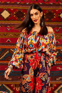 Yacamim Printed Peasant Blouse With Long Puffed Sleeves