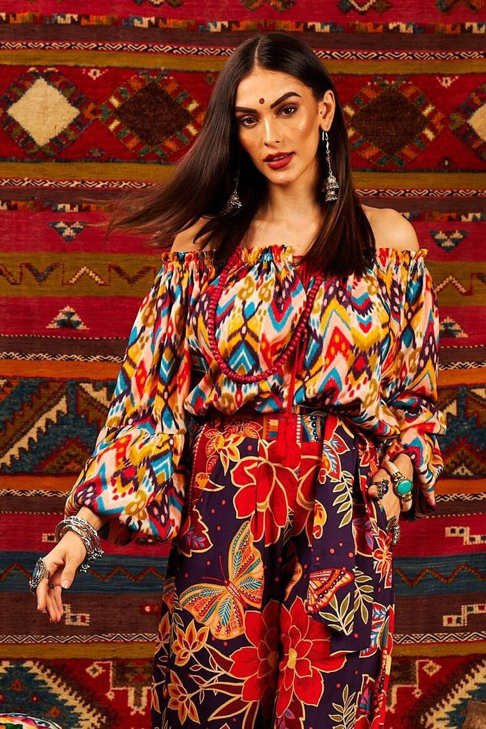Yacamim Printed Peasant Blouse With Long Puffed Sleeves
