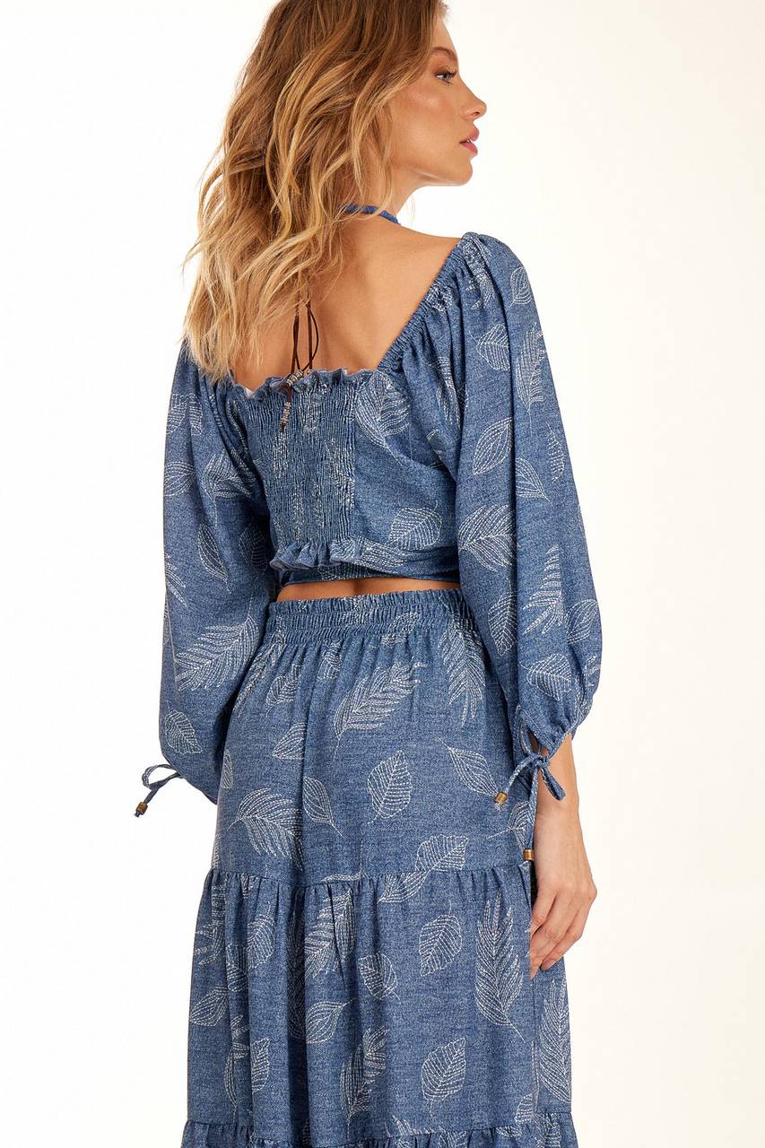 Yacamim Blue Printed Polyester Cropped Top A38