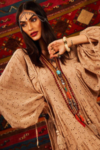 Yacamim Women's Beige Long Broderie Puff Sleeve V-Neck Dress