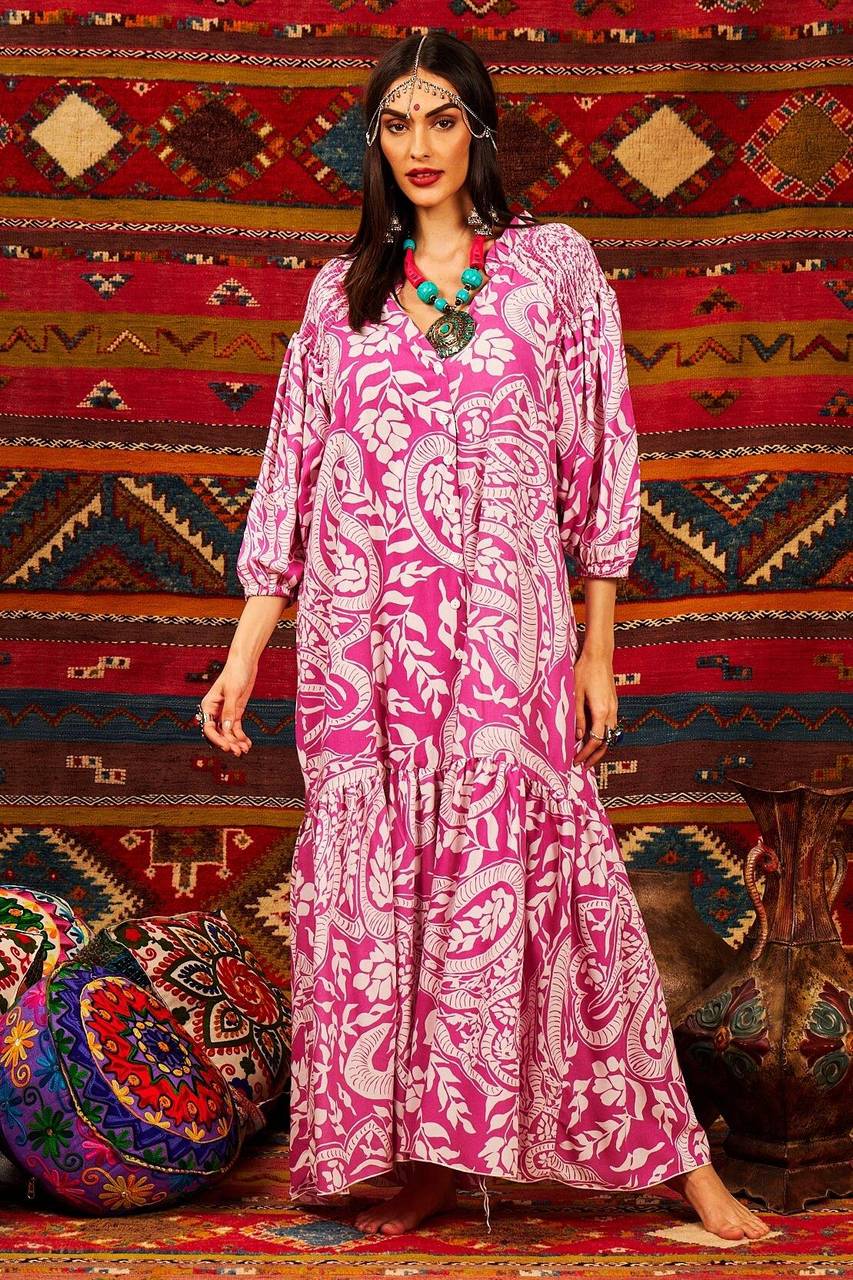 Yacamim Printed Pink Long Chemise Dress with 3/8 Puffed Sleeves