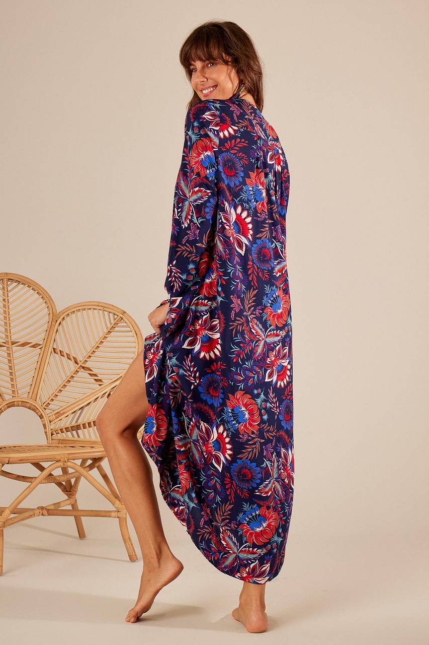 Yacamim Navy Blue Printed Long Sleeve Mullet Chemise
