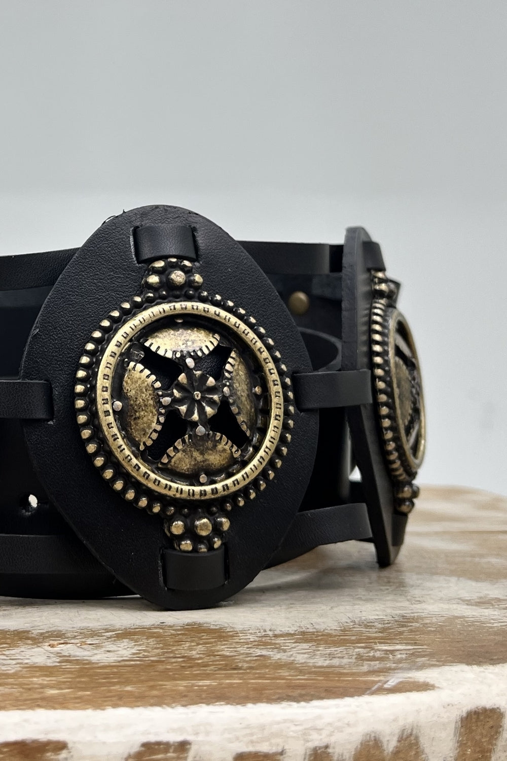Black Leather Belt with Aged Gold Buckle and Details Yacamim #221