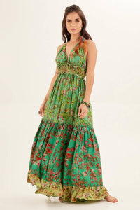 Yacamim Green Patchwork Halter Neck Maxi Dress