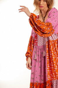 Yacamim Pink Patchwork Wide Long Dress with Puffed Long Sleeves<br />
<p>
</p>