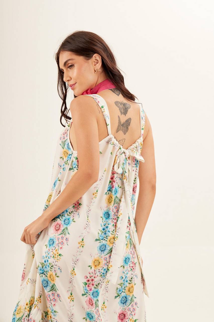 Yacamim Off-White Floral Print Loose-Fit Midi Sundress