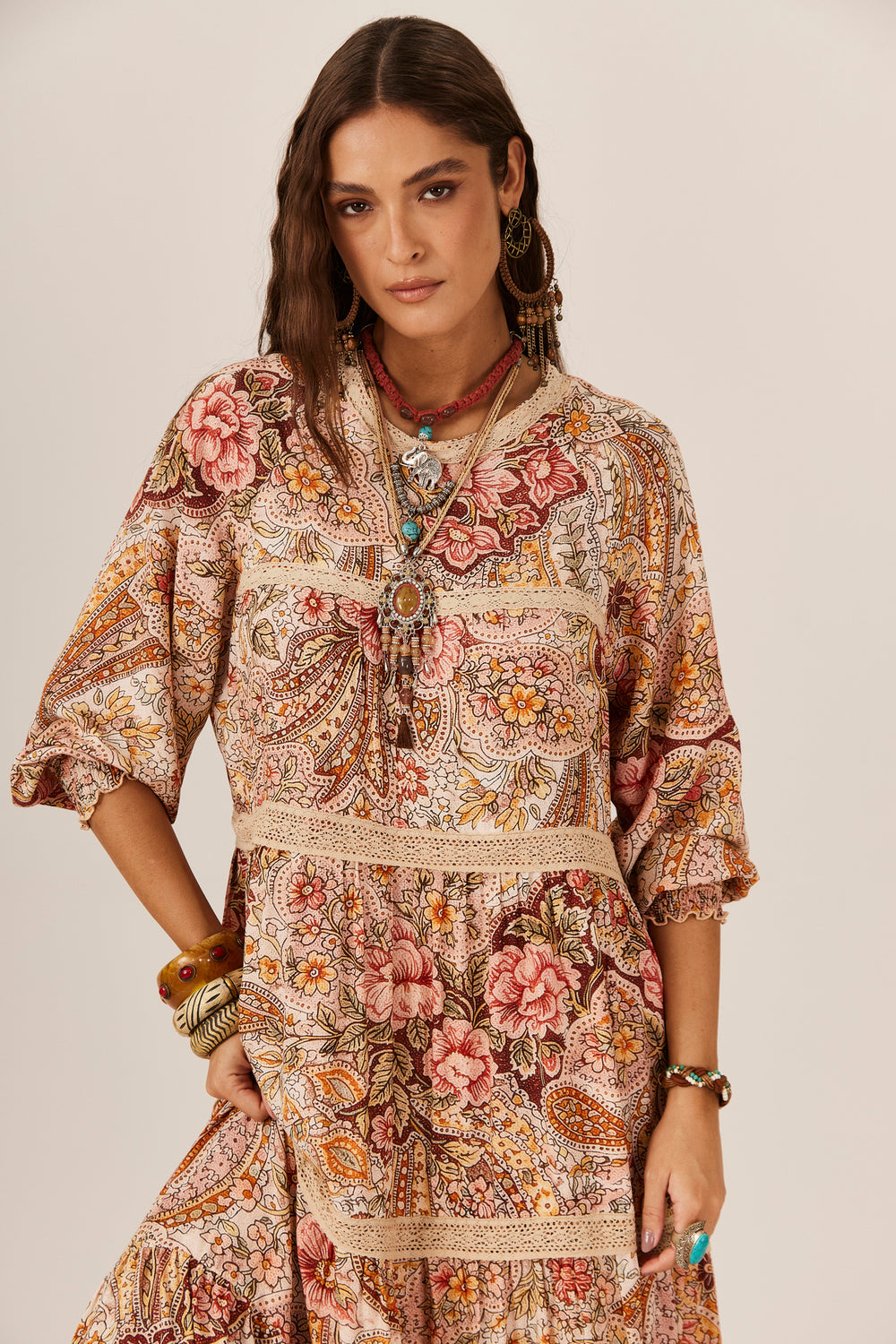 Long Dress with Lace Details Beige Paisley Print Yacamim C30