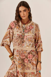 Long Dress with Lace Details Beige Paisley Print Yacamim C30